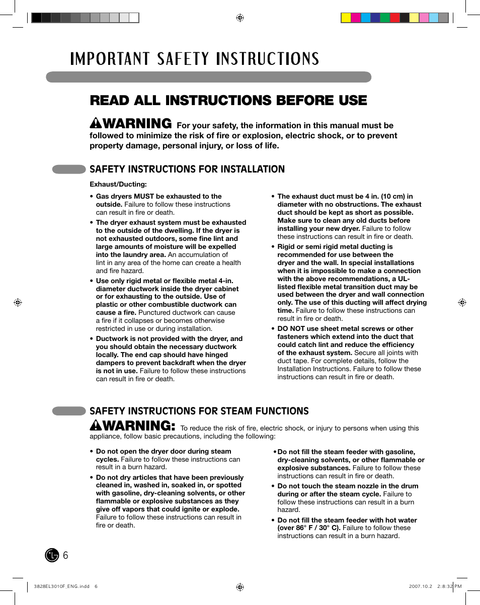 Read all instructions before use, Wwarning, Safety instructions for installation | Safety instructions for steam functions | LG DLGX7188RM User Manual | Page 6 / 88