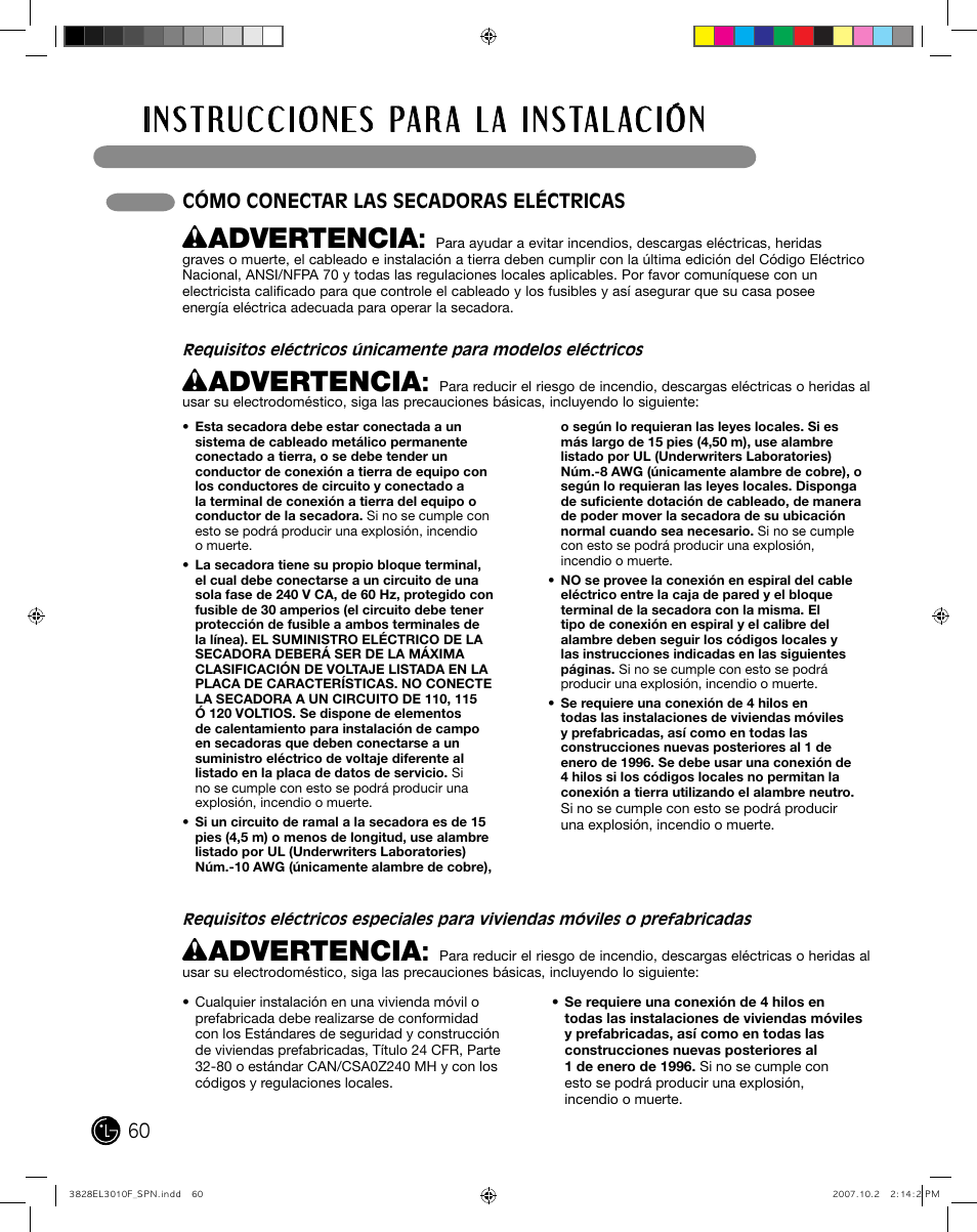 Wadvertencia, Cómo conectar las secadoras eléctricas | LG DLGX7188RM User Manual | Page 60 / 88