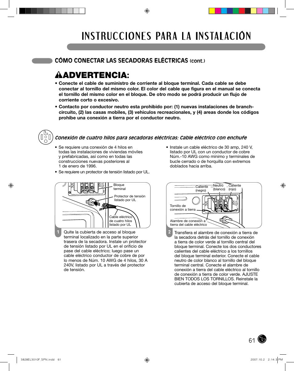 Wadvertencia, Cómo conectar las secadoras eléctricas | LG DLGX7188RM User Manual | Page 61 / 88