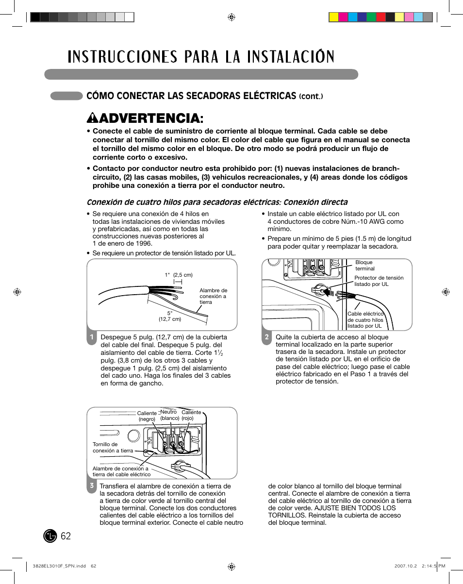 Wadvertencia, Cómo conectar las secadoras eléctricas | LG DLGX7188RM User Manual | Page 62 / 88