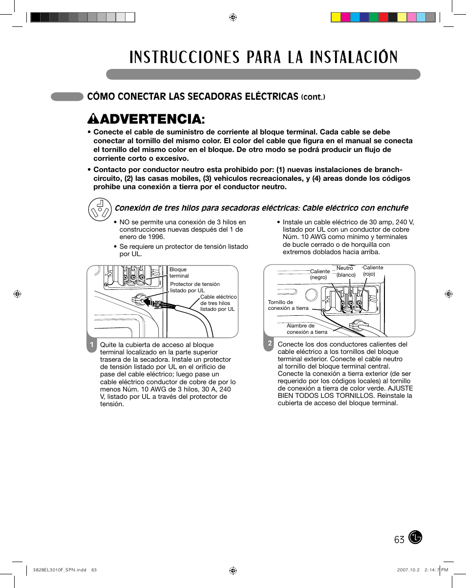 Wadvertencia, Cómo conectar las secadoras eléctricas | LG DLGX7188RM User Manual | Page 63 / 88