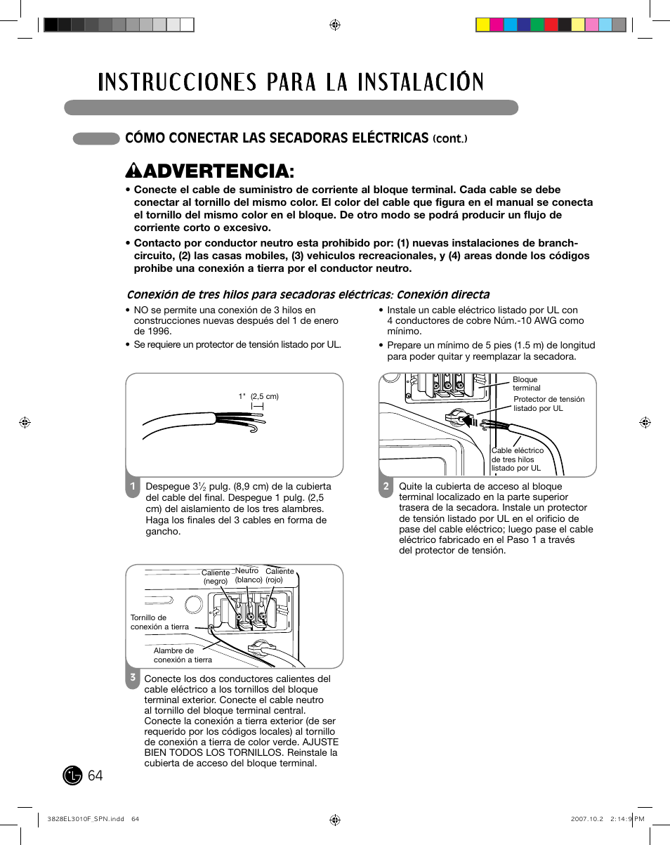 Wadvertencia, Cómo conectar las secadoras eléctricas | LG DLGX7188RM User Manual | Page 64 / 88