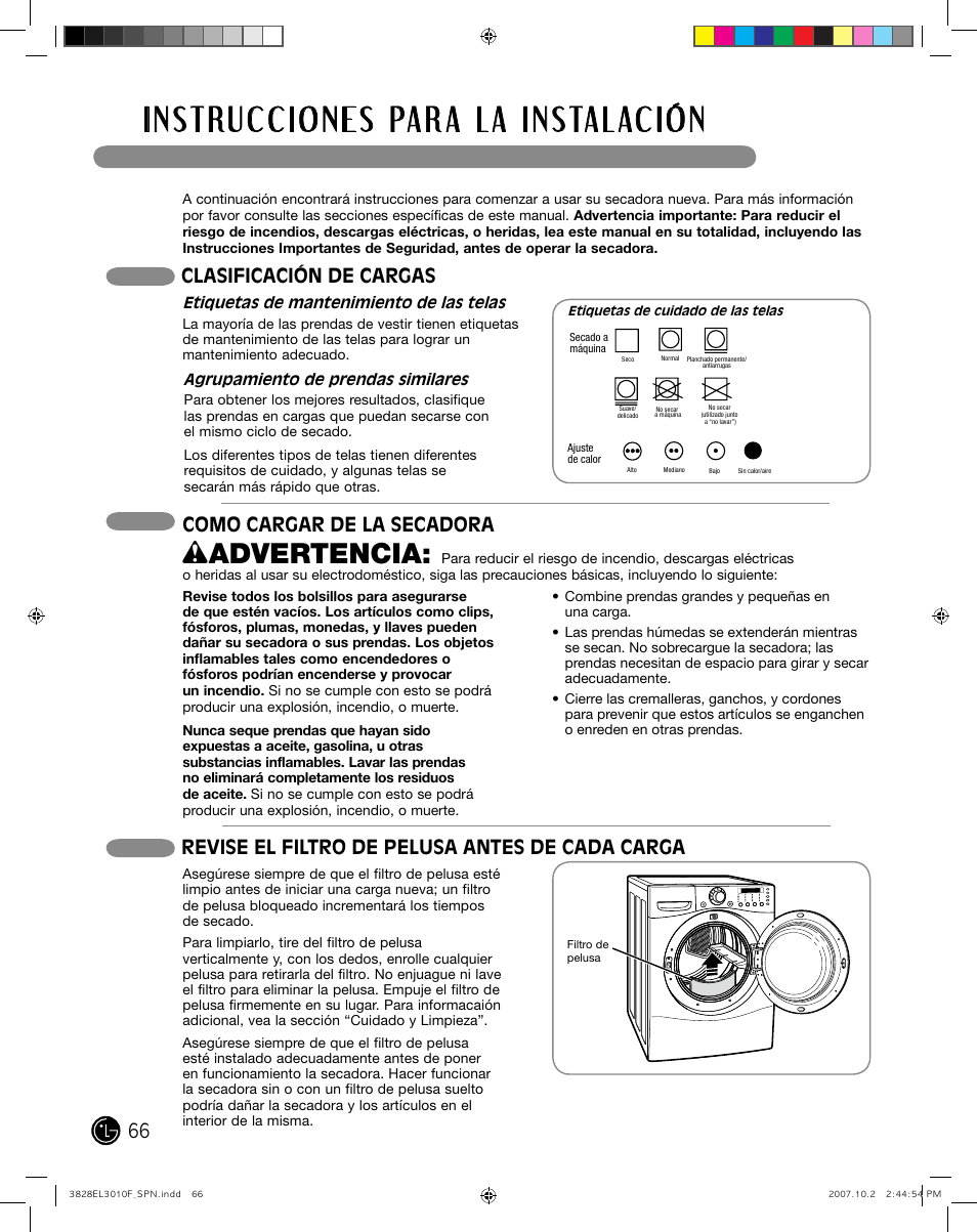 Wadvertencia, Como cargar de la secadora, Clasificación de cargas | Revise el filtro de pelusa antes de cada carga | LG DLGX7188RM User Manual | Page 66 / 88