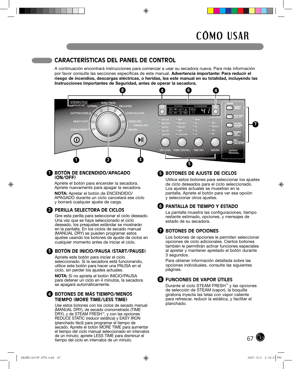 Características del panel de control | LG DLGX7188RM User Manual | Page 67 / 88