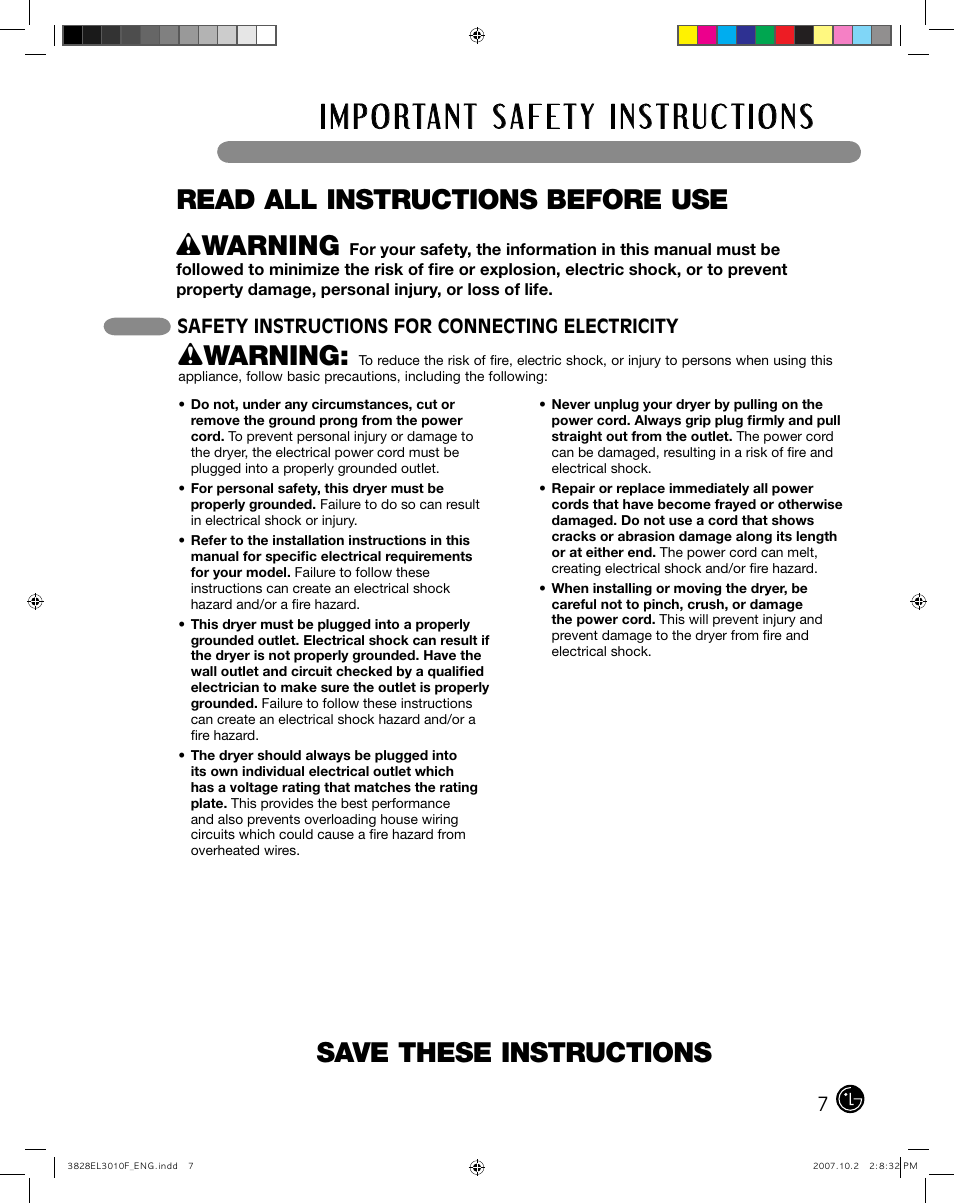 Save these instructions, Wwarning, Read all instructions before use w warning | Safety instructions for connecting electricity | LG DLGX7188RM User Manual | Page 7 / 88