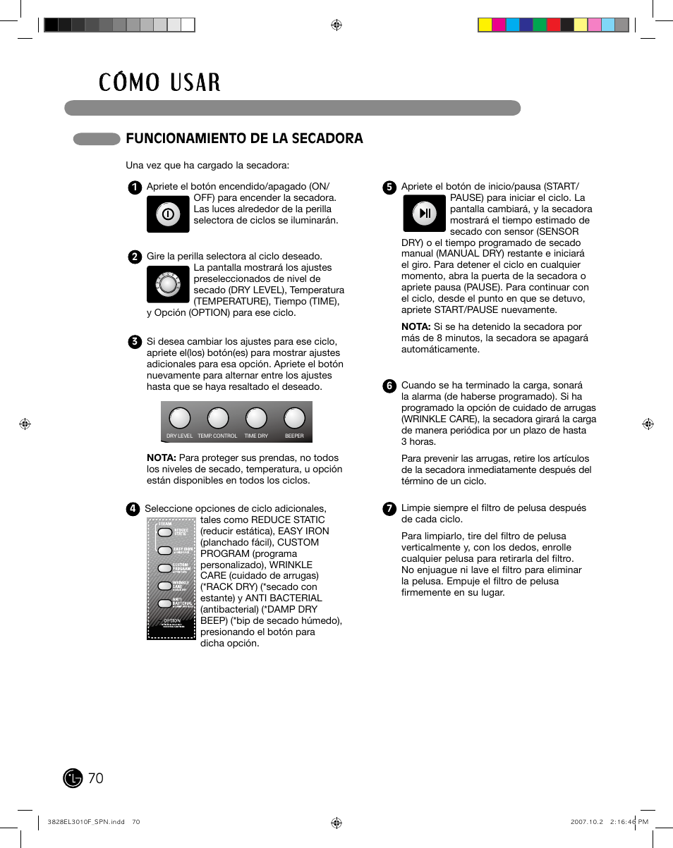 Funcionamiento de la secadora | LG DLGX7188RM User Manual | Page 70 / 88