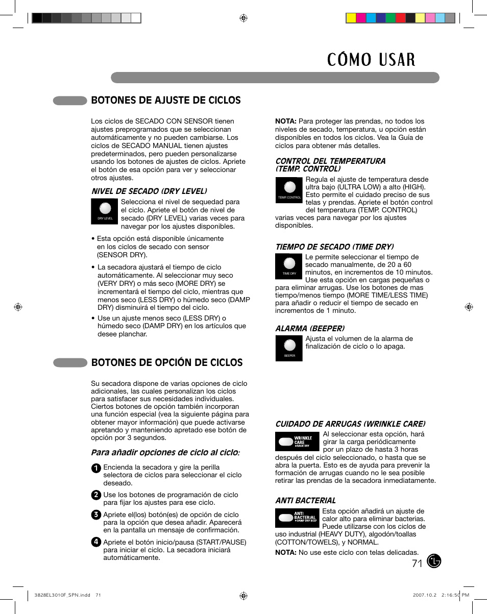 Botones de ajuste de ciclos, Botones de opción de ciclos | LG DLGX7188RM User Manual | Page 71 / 88