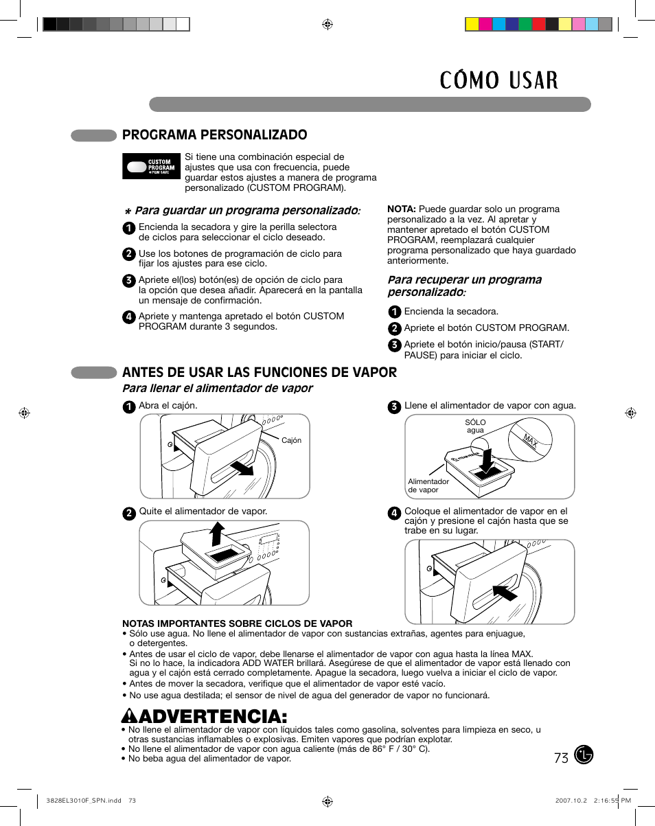 Wadvertencia, Programa personalizado, Antes de usar las funciones de vapor | LG DLGX7188RM User Manual | Page 73 / 88