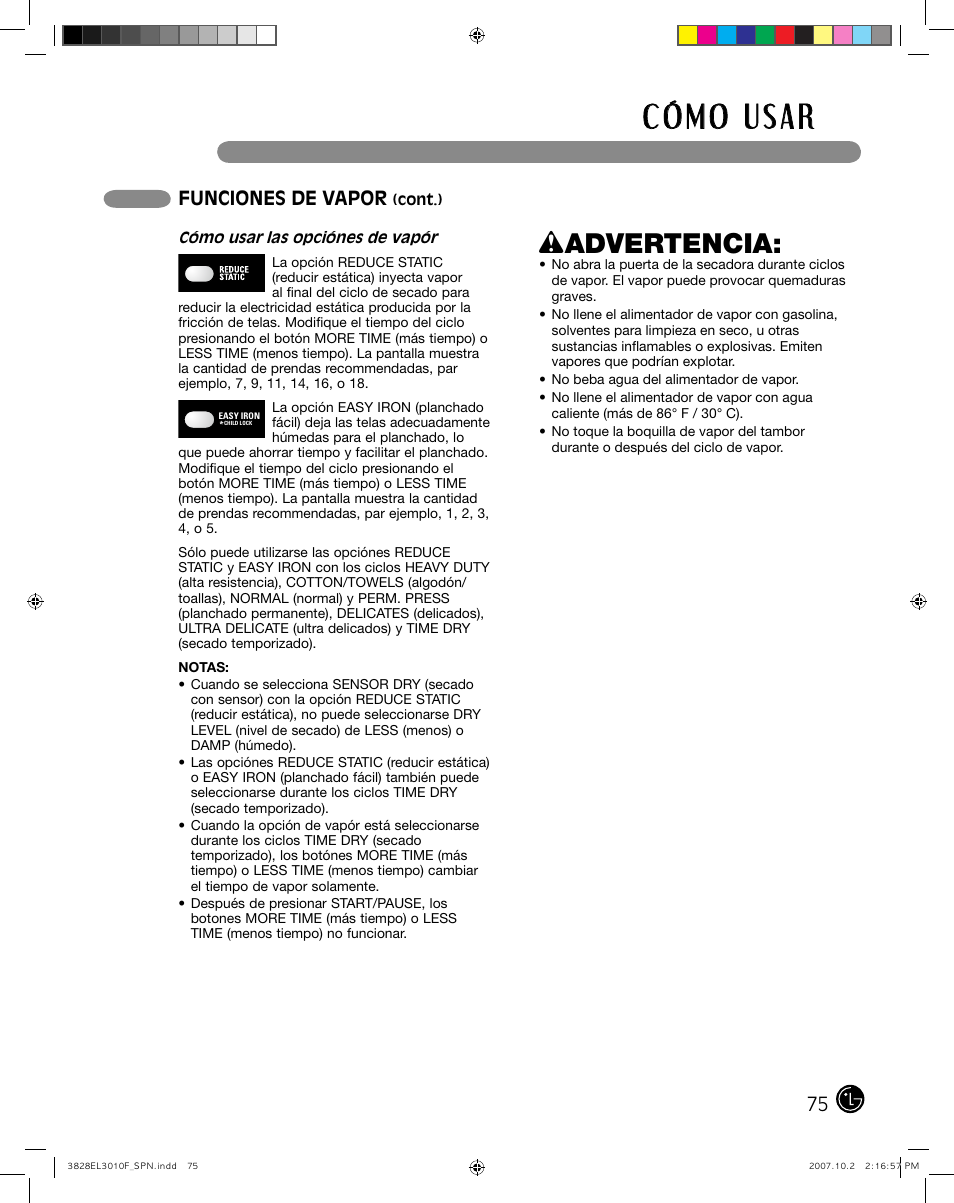 Wadvertencia, Funciones de vapor | LG DLGX7188RM User Manual | Page 75 / 88