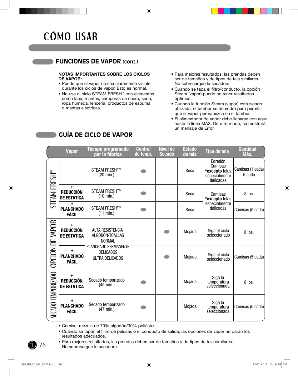 Steam fresh, Opción de v apor, Sec ado temporizado | Guía de ciclo de vapor, Funciones de vapor | LG DLGX7188RM User Manual | Page 76 / 88