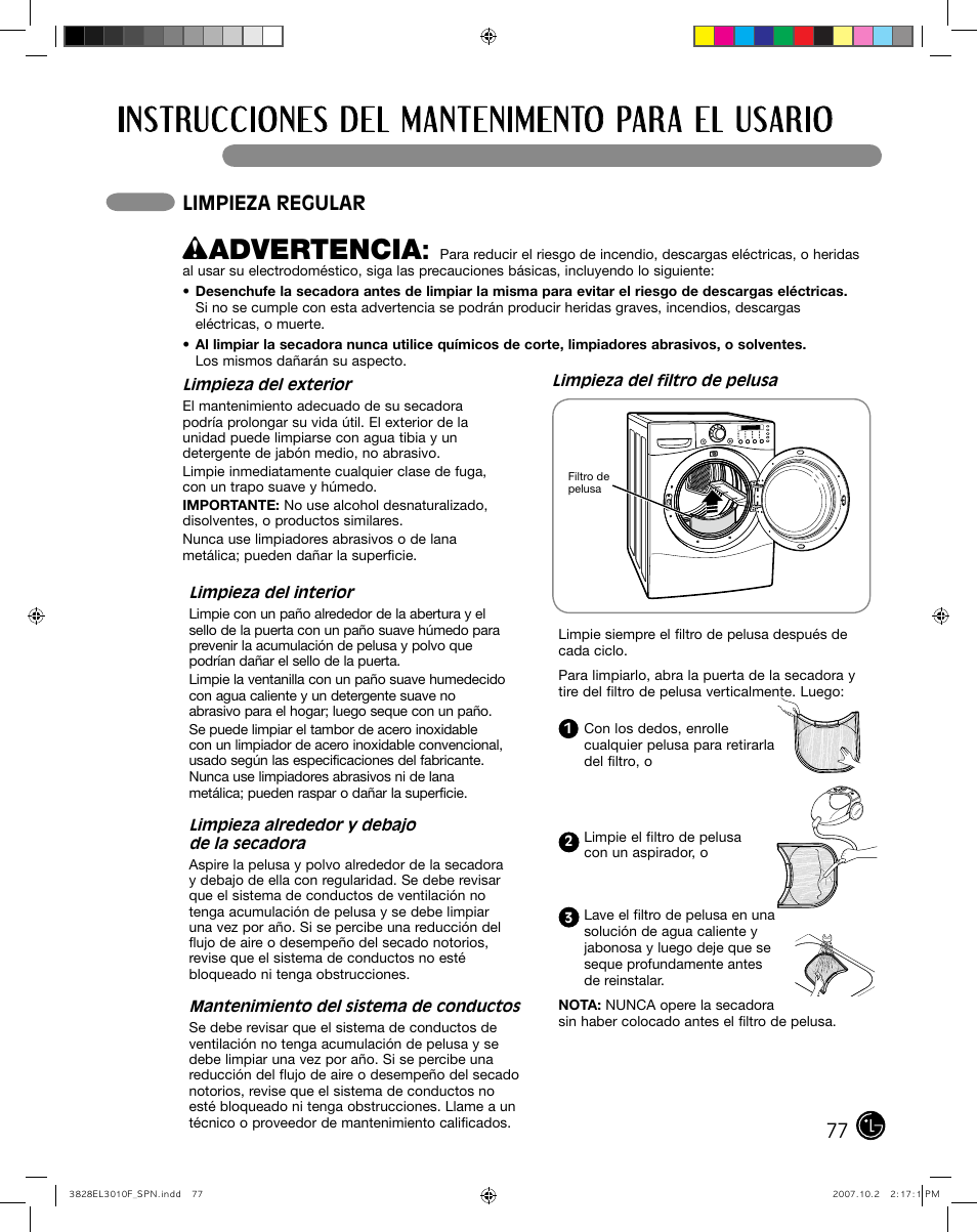 Instrucciones del mantenimento para el usario, Wadvertencia, Limpieza regular | LG DLGX7188RM User Manual | Page 77 / 88