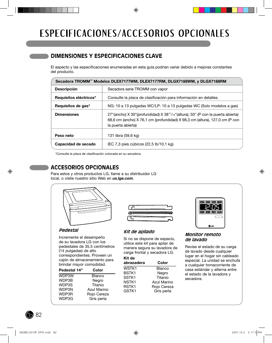 Dimensiones y especificaciones clave, Accesorios opcionales | LG DLGX7188RM User Manual | Page 82 / 88
