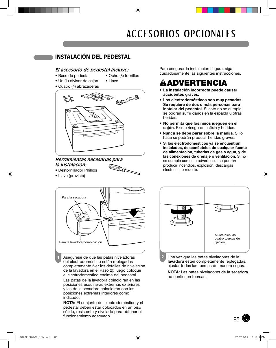 Wadvertencia, Instalación del pedestal | LG DLGX7188RM User Manual | Page 83 / 88