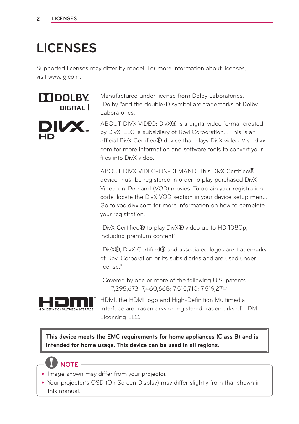 Licenses | LG PB61U User Manual | Page 2 / 67