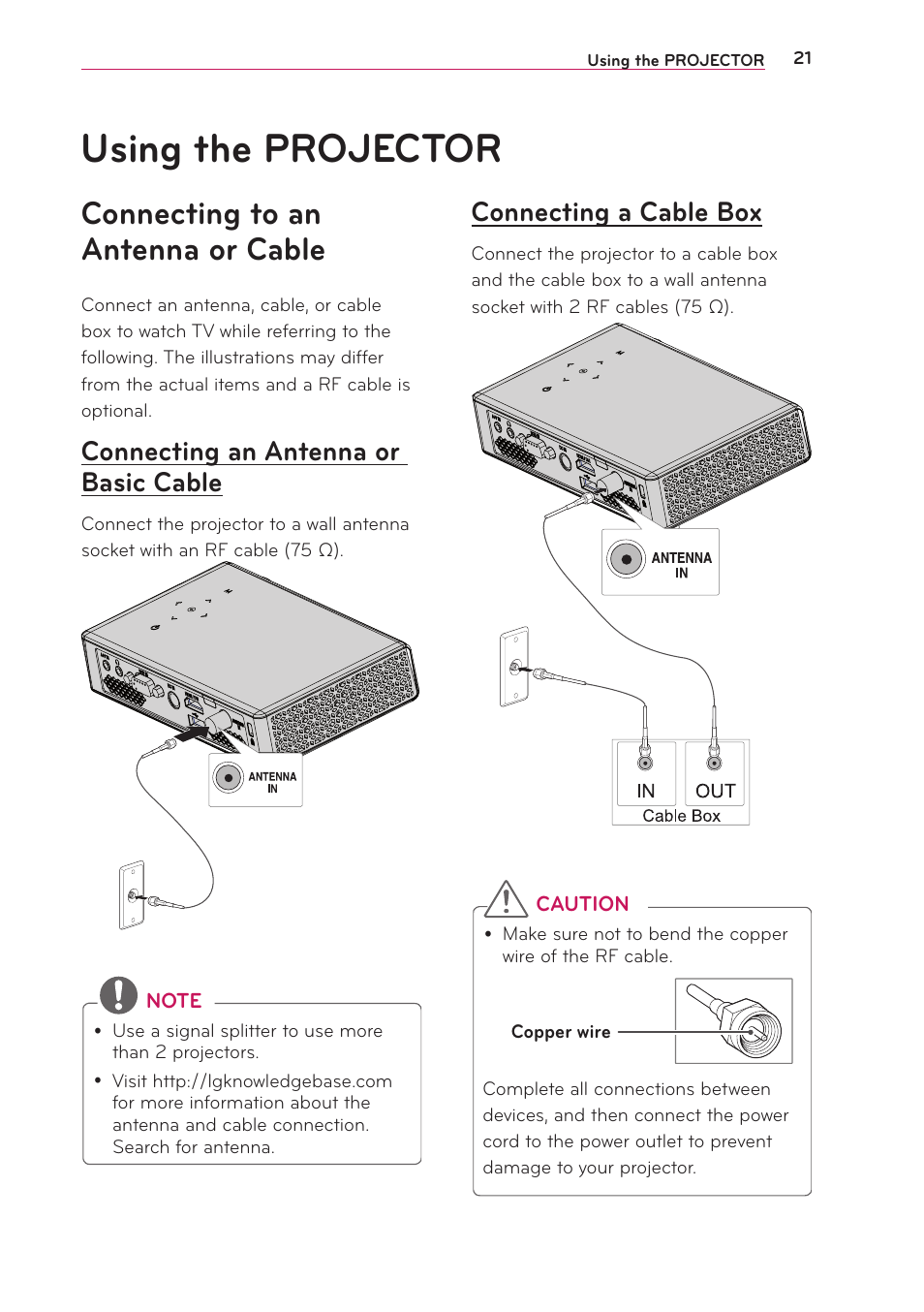 Using the projector, Connecting to an antenna or cable, Connecting an antenna or basic cable | Connecting a cable box, Connecting to an antenna or cable 21, Connecting an antenna or basic, Cable | LG PB61U User Manual | Page 21 / 67