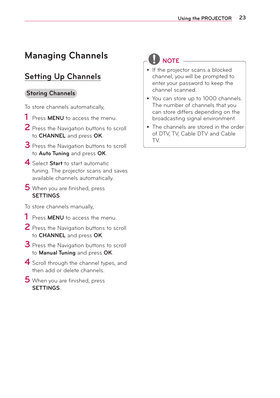 Managing channels, Setting up channels | LG PB61U User Manual | Page 23 / 67