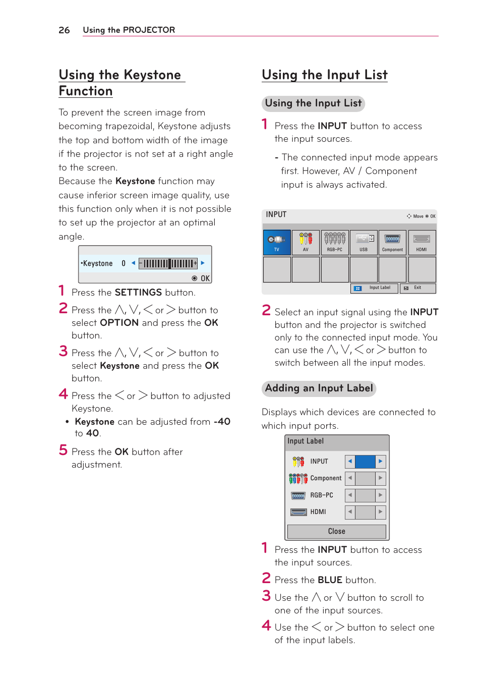 Using the keystone function, Using the input list, Using the keystone | Function | LG PB61U User Manual | Page 26 / 67