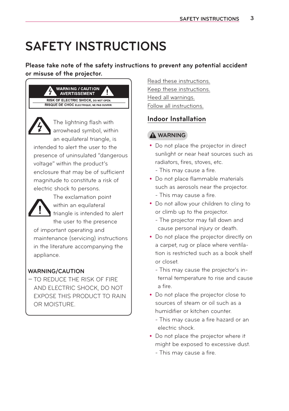 Safety instructions | LG PB61U User Manual | Page 3 / 67