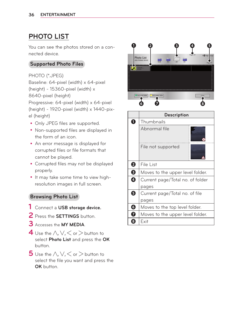 Photo list, Supported photo files, Browsing photo list | LG PB61U User Manual | Page 36 / 67