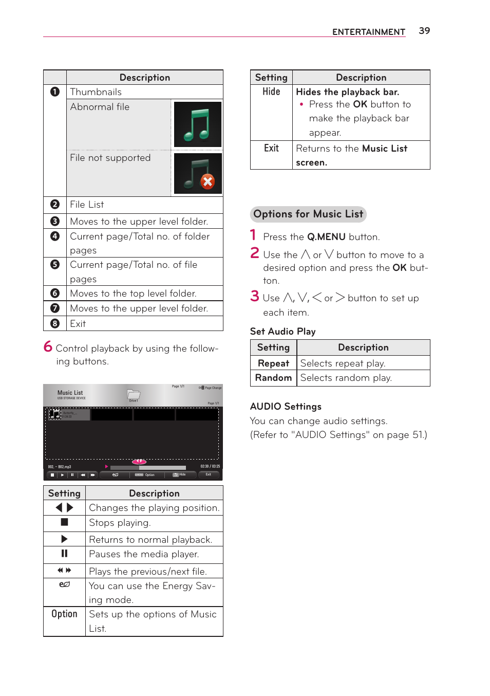 Options for music list | LG PB61U User Manual | Page 39 / 67