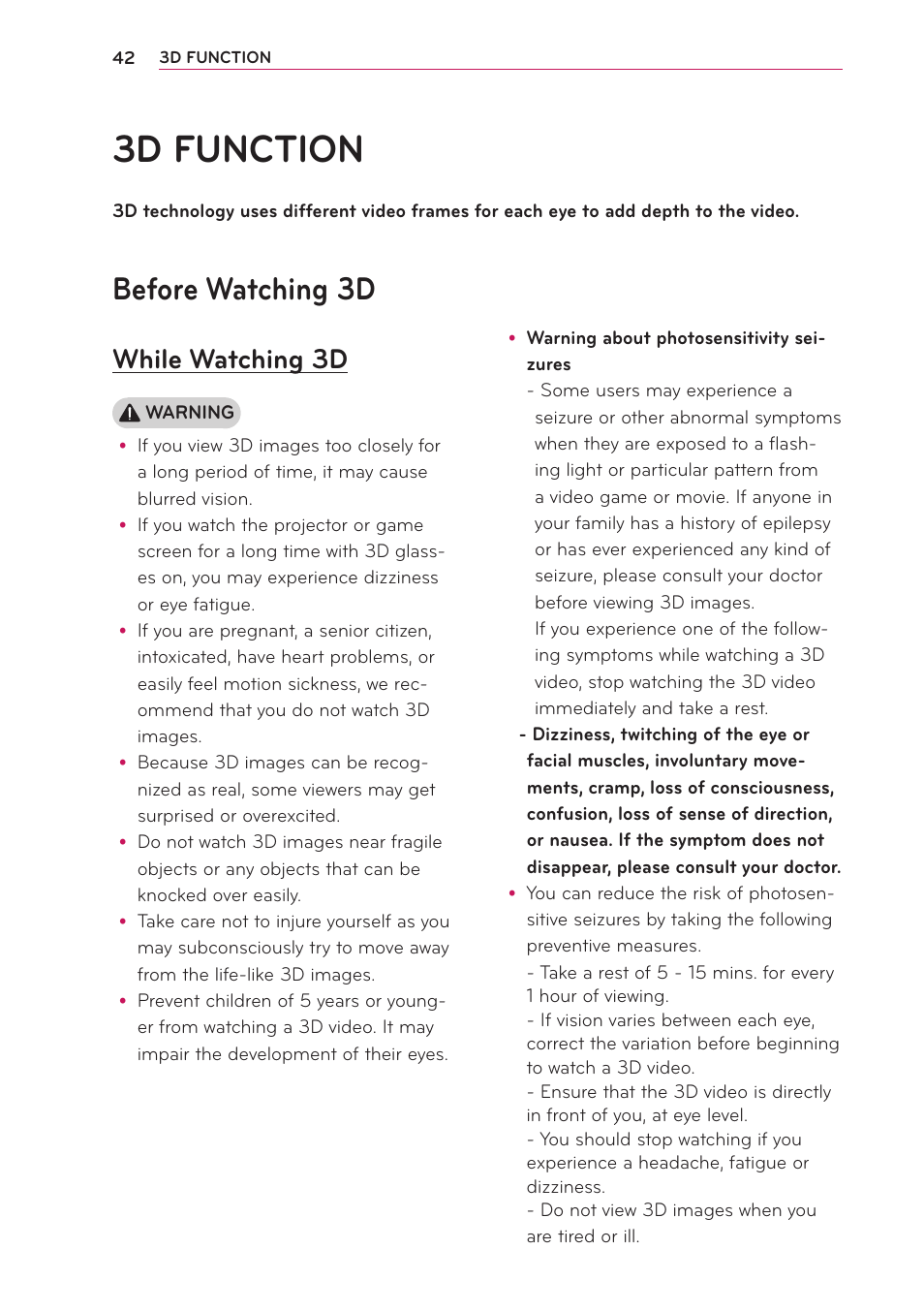 3d function, Before watching 3d, While watching 3d | LG PB61U User Manual | Page 42 / 67
