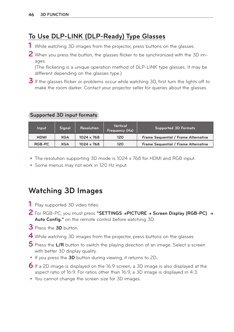 To use dlp-link (dlp-ready) type glasses, Watching 3d images, To use dlp-link (dlp-ready) type | Glasses | LG PB61U User Manual | Page 46 / 67