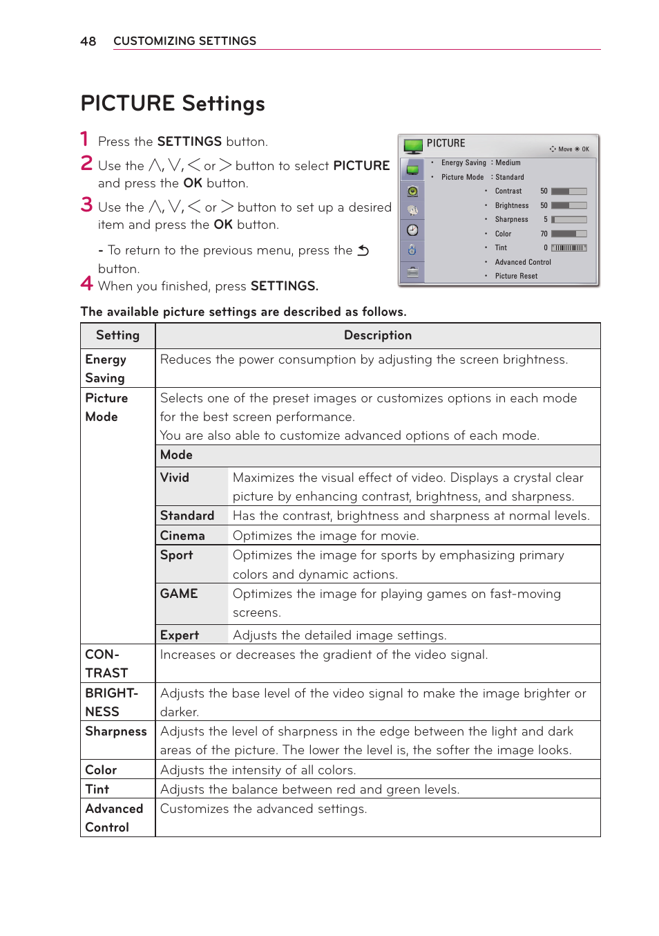 Picture settings | LG PB61U User Manual | Page 48 / 67