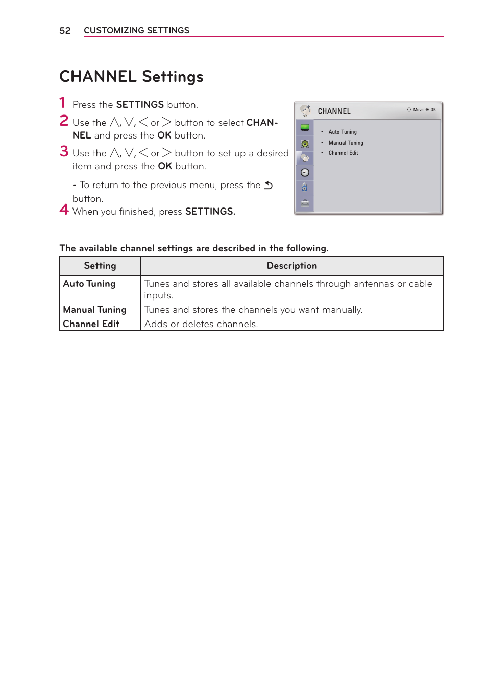 Channel settings | LG PB61U User Manual | Page 52 / 67