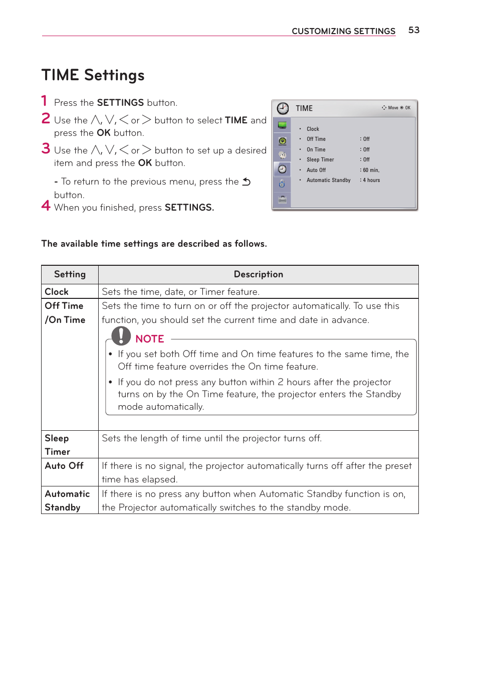 Time settings | LG PB61U User Manual | Page 53 / 67