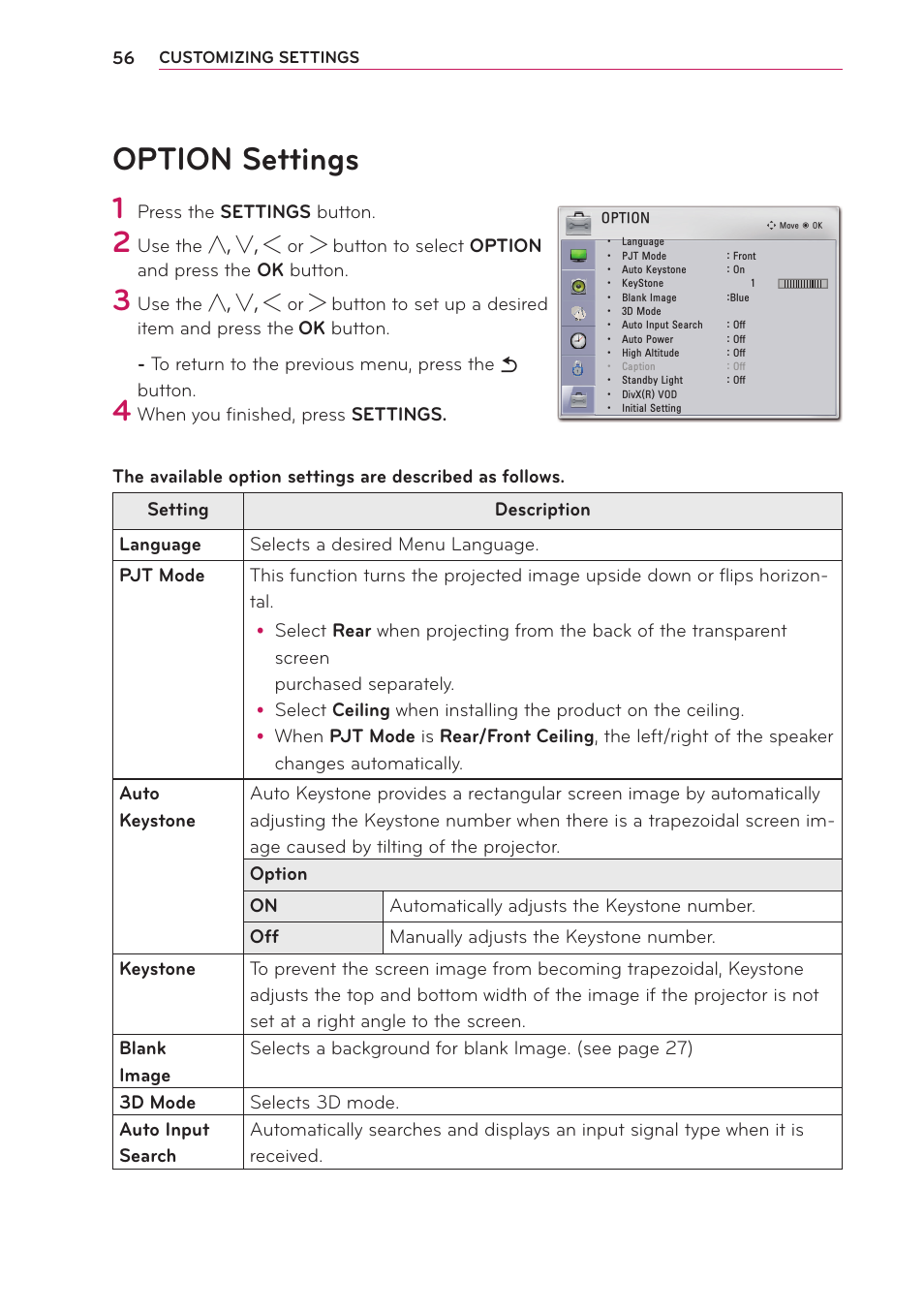 Option settings | LG PB61U User Manual | Page 56 / 67