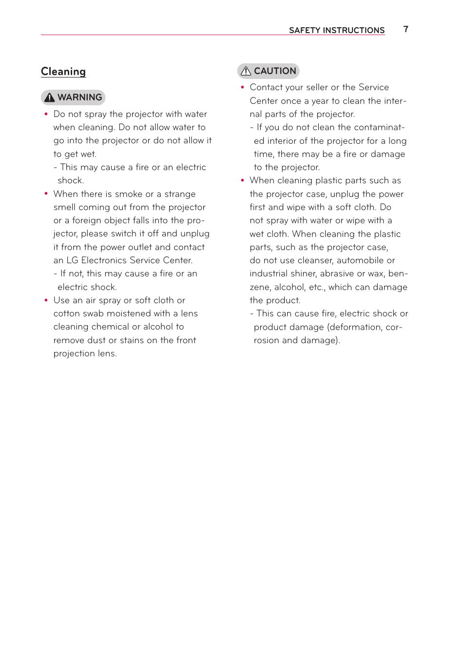 Cleaning | LG PB61U User Manual | Page 7 / 67