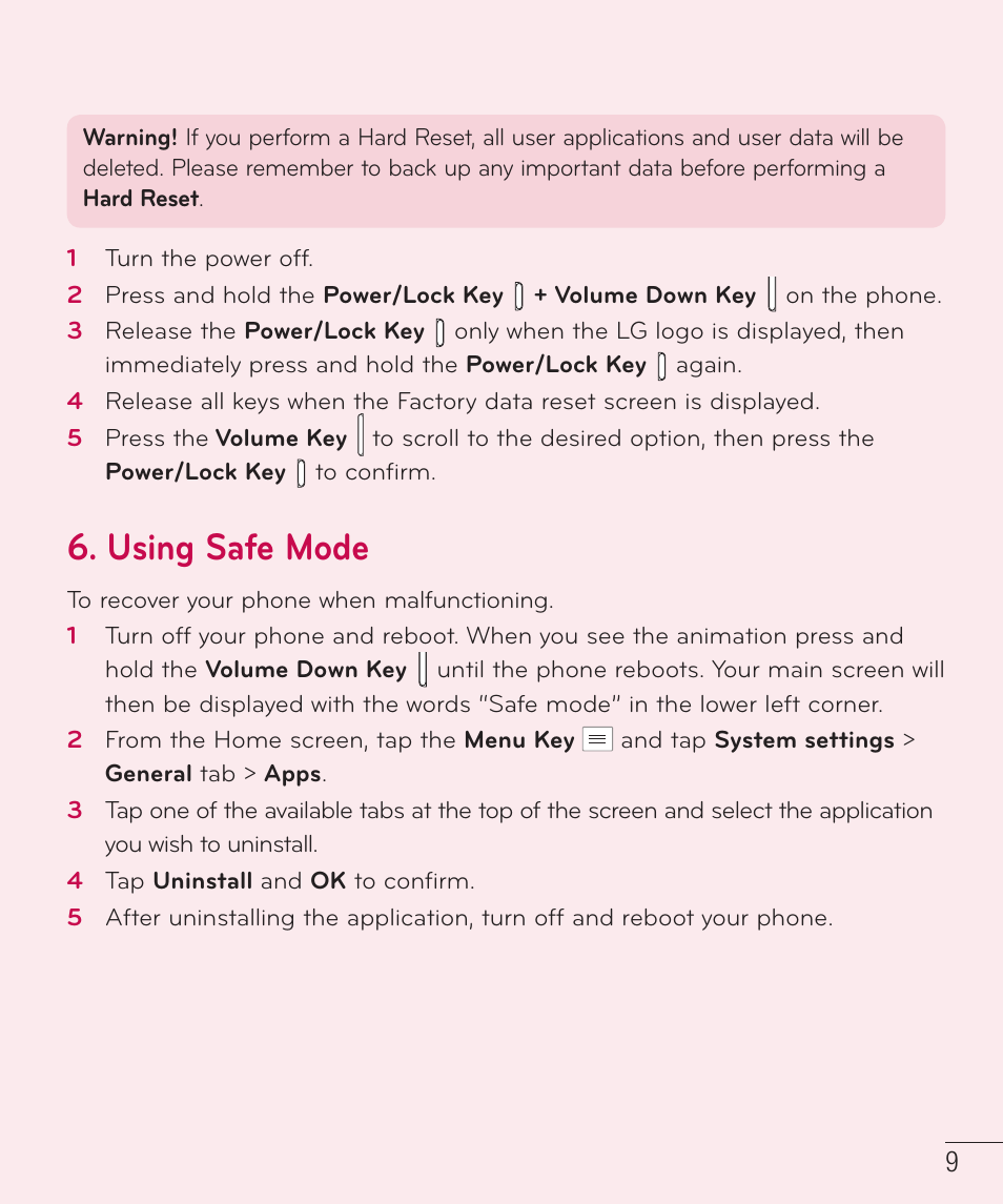 Using safe mode | LG LGAS323 User Manual | Page 10 / 110