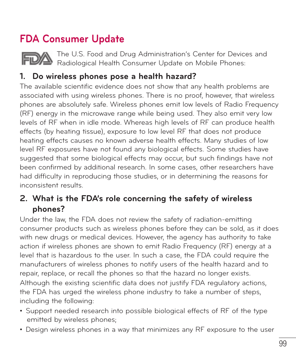 Fda consumer update | LG LGAS323 User Manual | Page 100 / 110