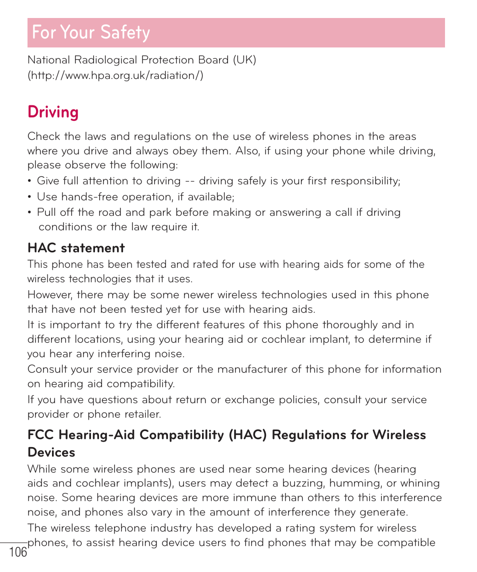 For your safety, Driving | LG LGAS323 User Manual | Page 107 / 110
