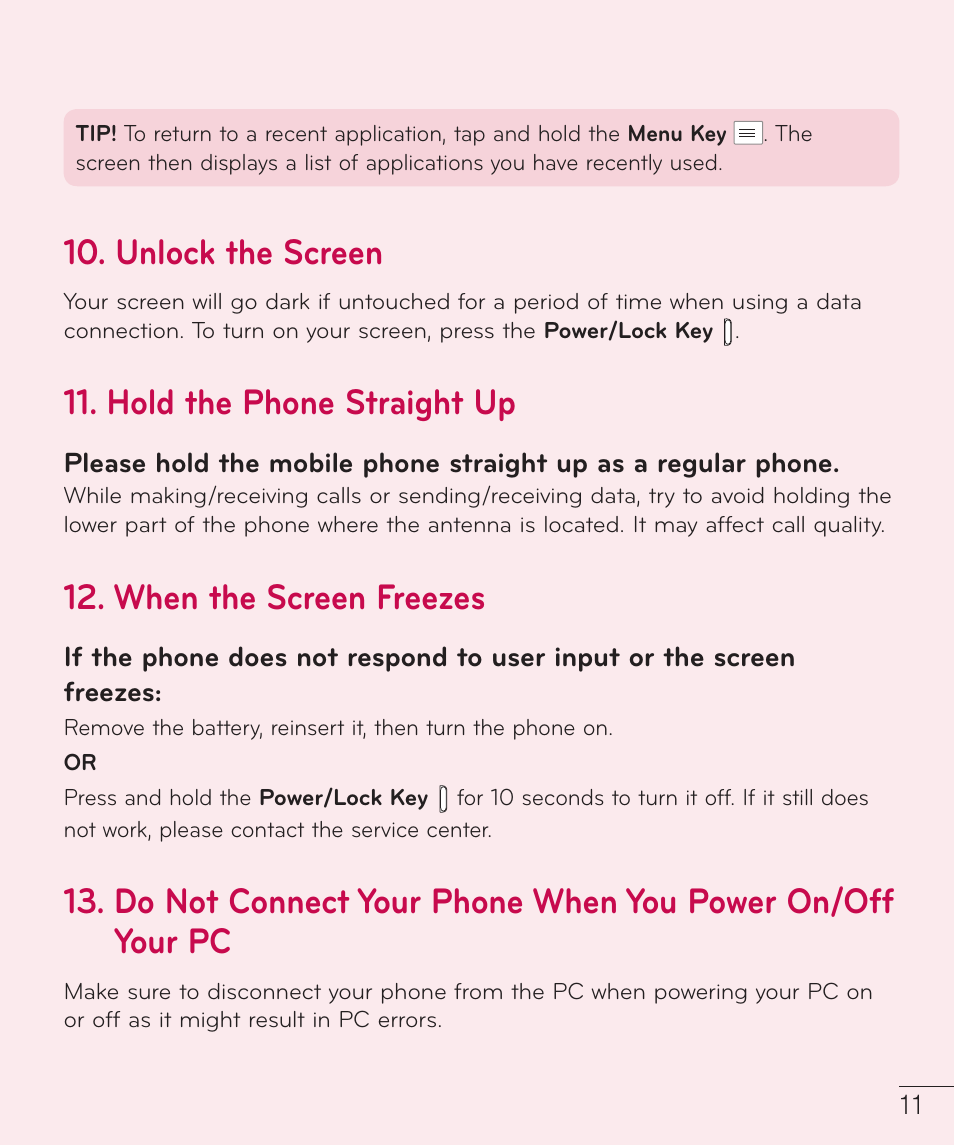 Unlock the screen, Hold the phone straight up, When the screen freezes | LG LGAS323 User Manual | Page 12 / 110