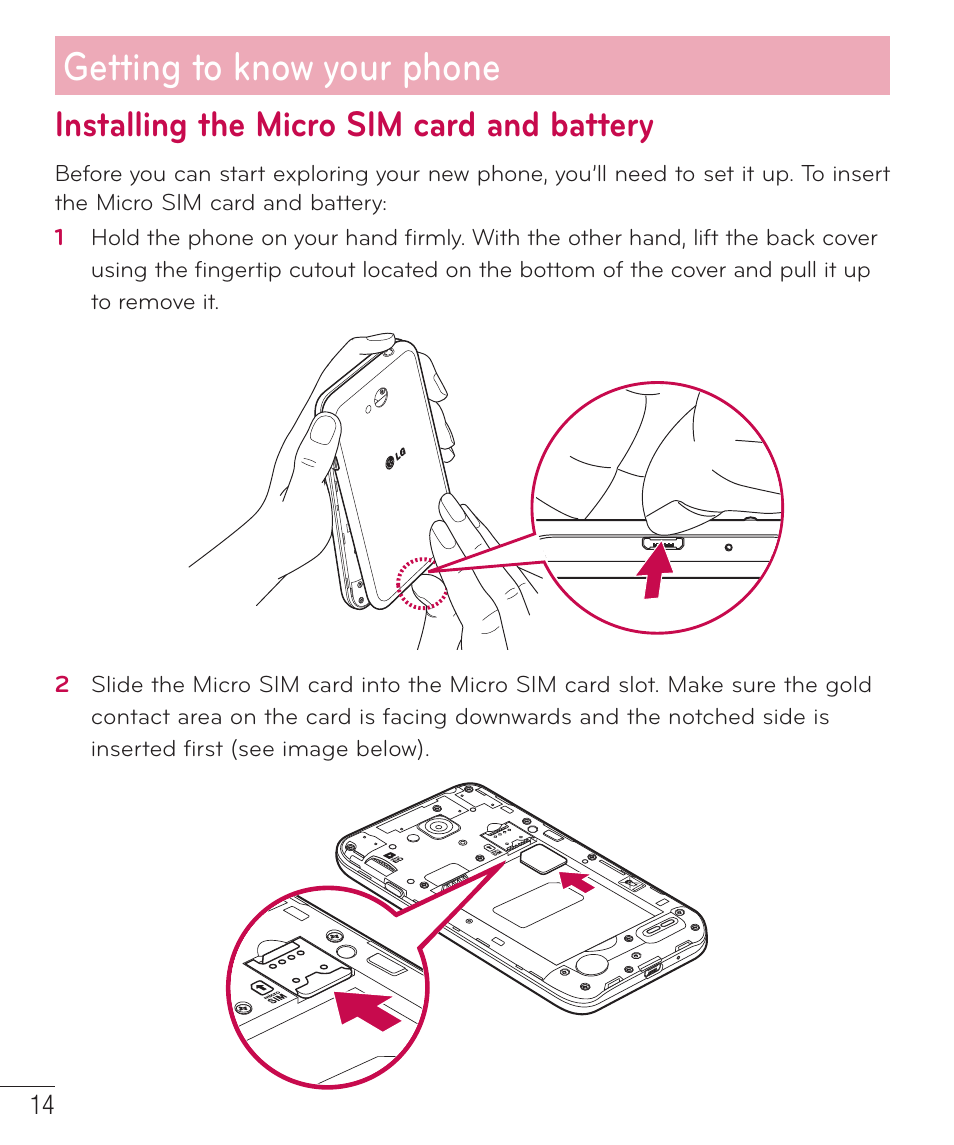 Getting to know your phone, Installing the micro sim card and battery | LG LGAS323 User Manual | Page 15 / 110