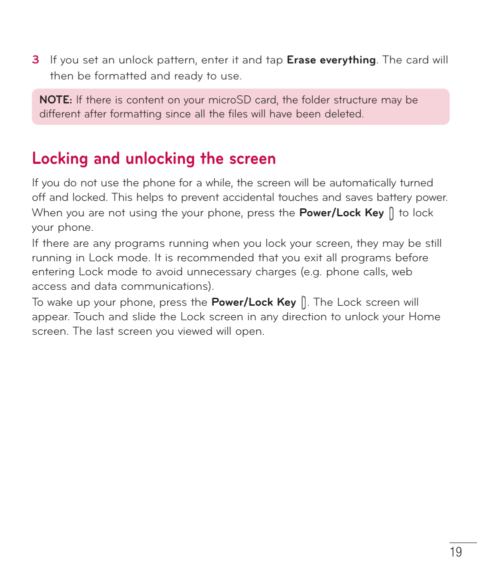 Locking and unlocking the screen | LG LGAS323 User Manual | Page 20 / 110