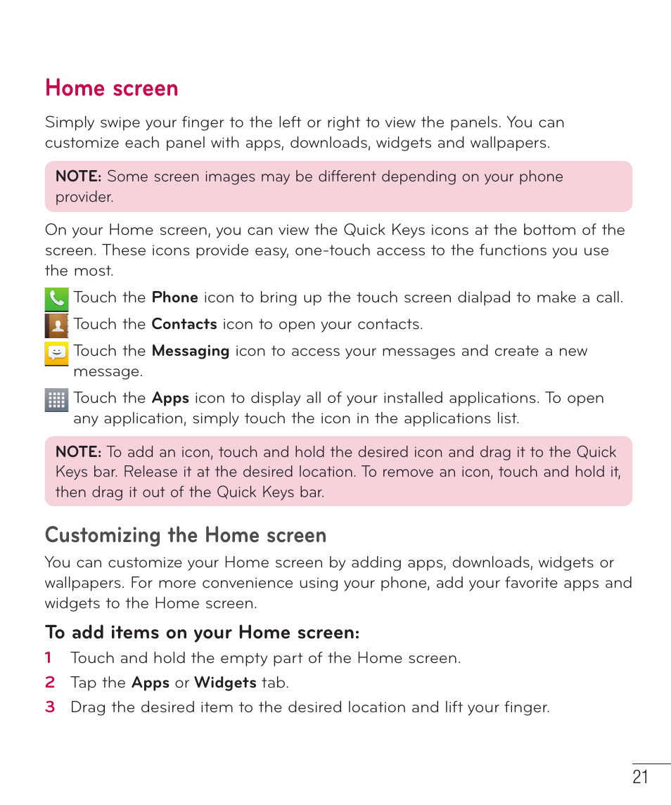 Home screen, Customizing the home screen | LG LGAS323 User Manual | Page 22 / 110