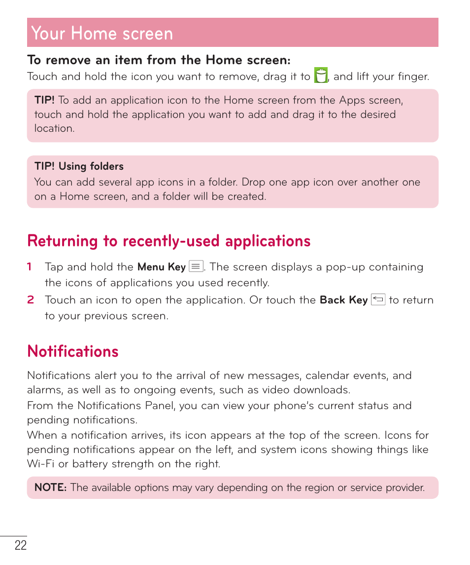 Your home screen, Returning to recently-used applications, Notifications | LG LGAS323 User Manual | Page 23 / 110