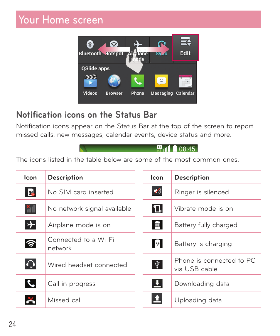 Your home screen, Notification icons on the status bar | LG LGAS323 User Manual | Page 25 / 110