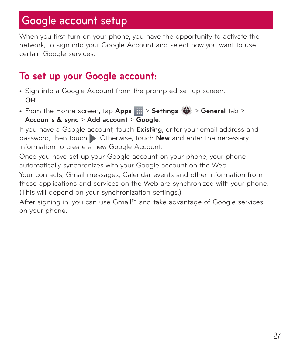 Google account setup | LG LGAS323 User Manual | Page 28 / 110