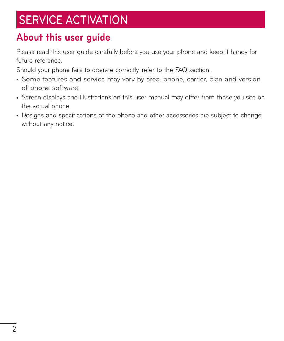 Service activation, About this user guide | LG LGAS323 User Manual | Page 3 / 110