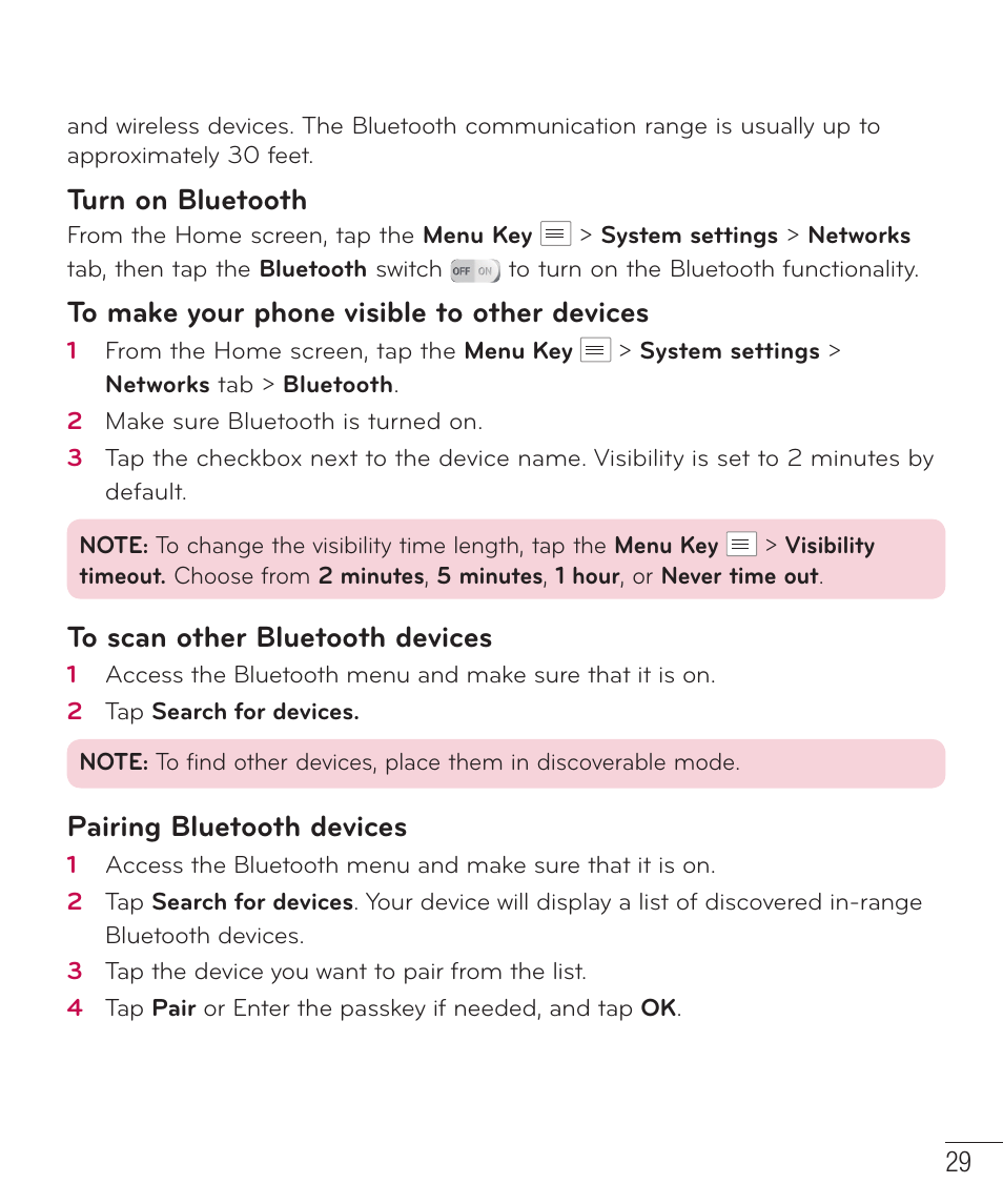 Turn on bluetooth, Pairing bluetooth devices | LG LGAS323 User Manual | Page 30 / 110