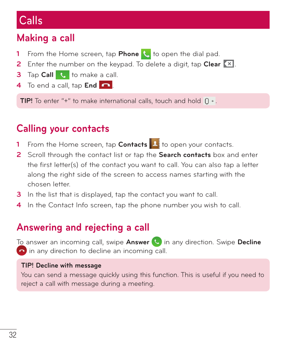 Calls, Making a call, Calling your contacts | Answering and rejecting a call | LG LGAS323 User Manual | Page 33 / 110