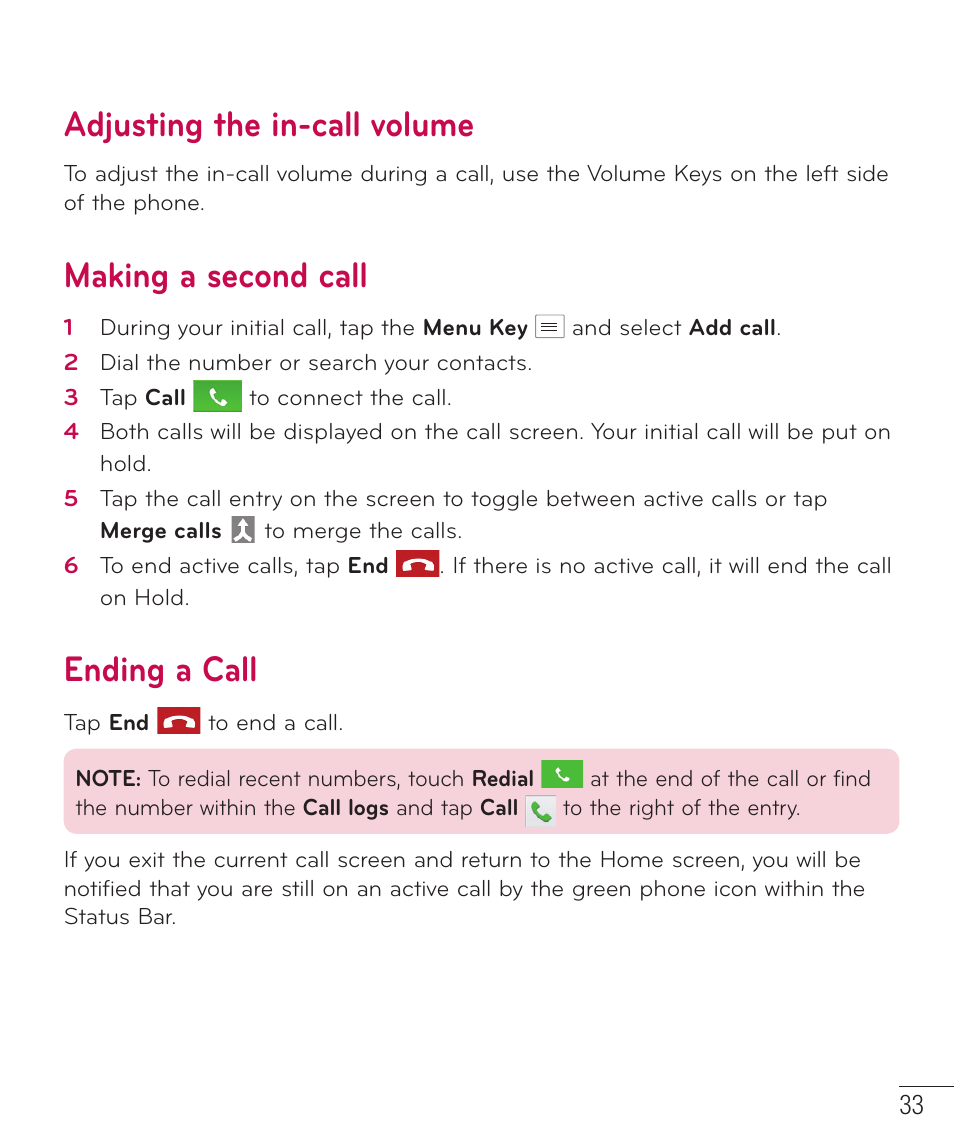 Adjusting the in-call volume, Making a second call, Ending a call | LG LGAS323 User Manual | Page 34 / 110