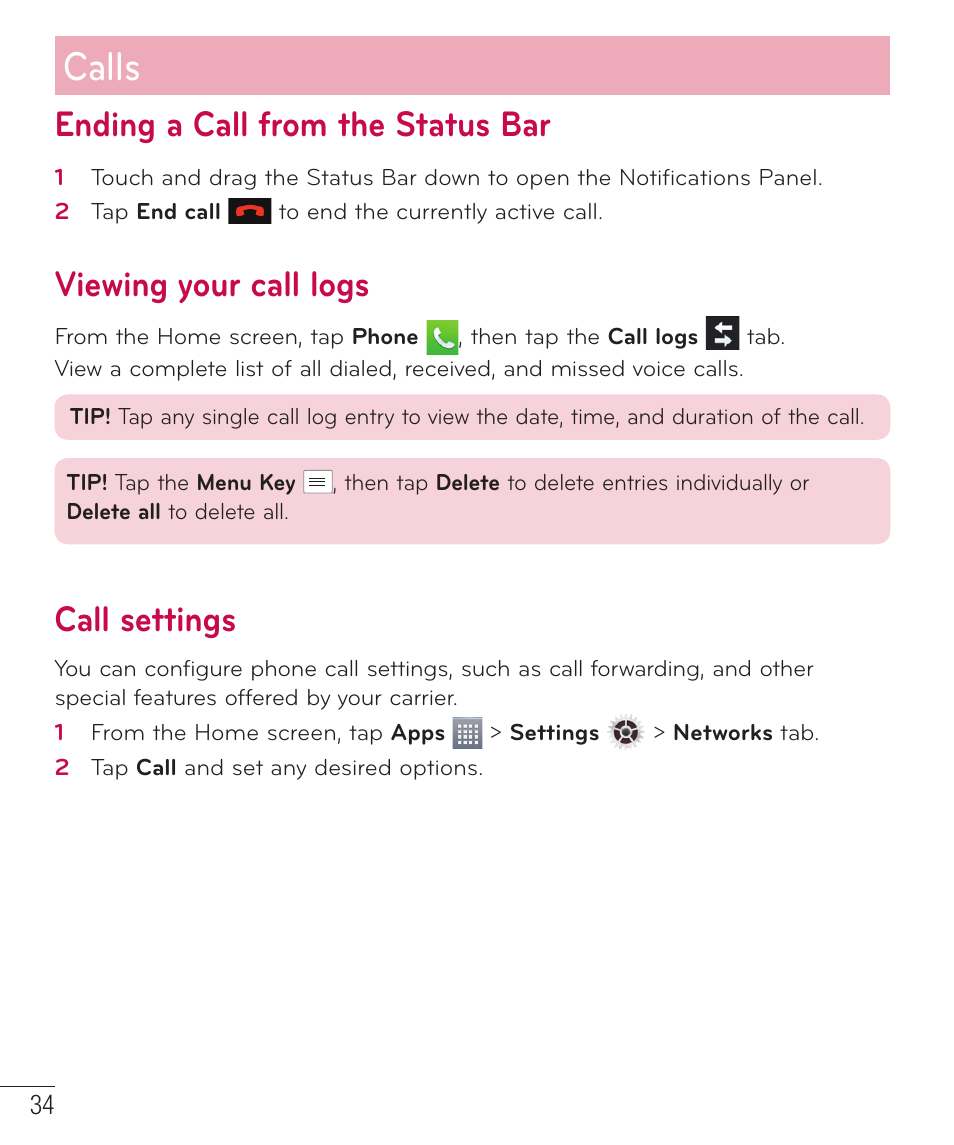 Calls, Ending a call from the status bar, Viewing your call logs | Call settings | LG LGAS323 User Manual | Page 35 / 110