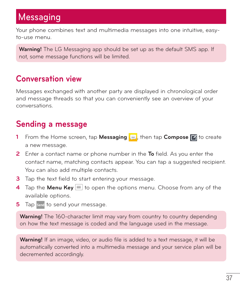 Messaging, Conversation view, Sending a message | LG LGAS323 User Manual | Page 38 / 110