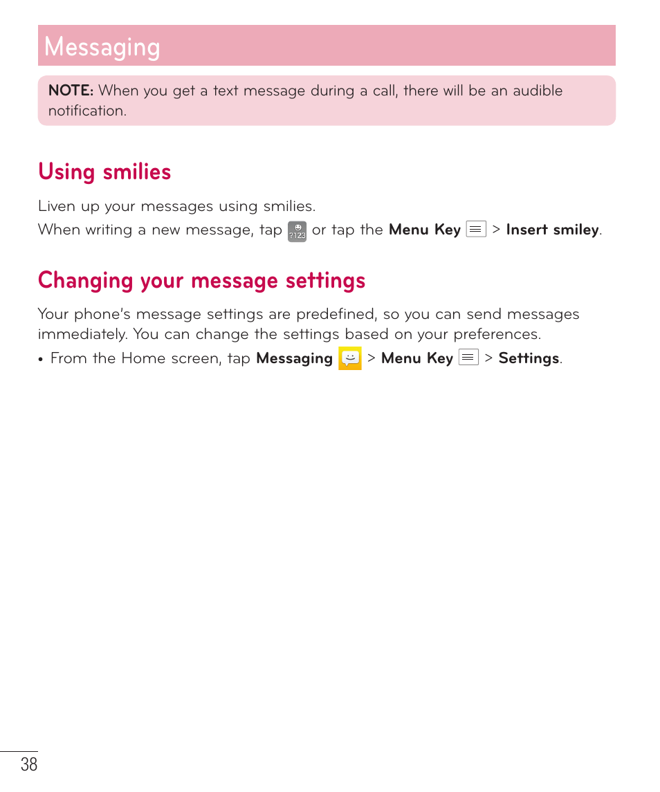 Messaging, Using smilies, Changing your message settings | LG LGAS323 User Manual | Page 39 / 110