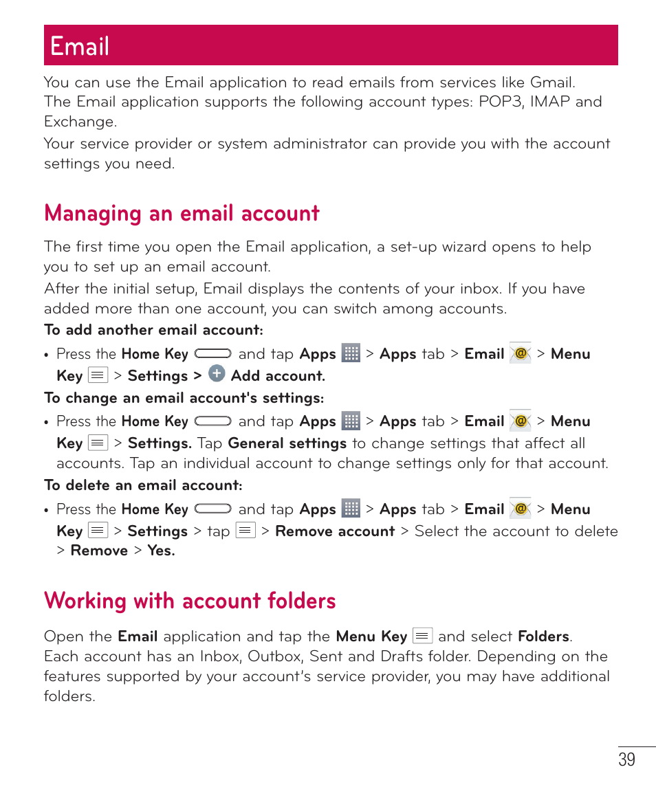 Email, Managing an email account, Working with account folders | LG LGAS323 User Manual | Page 40 / 110