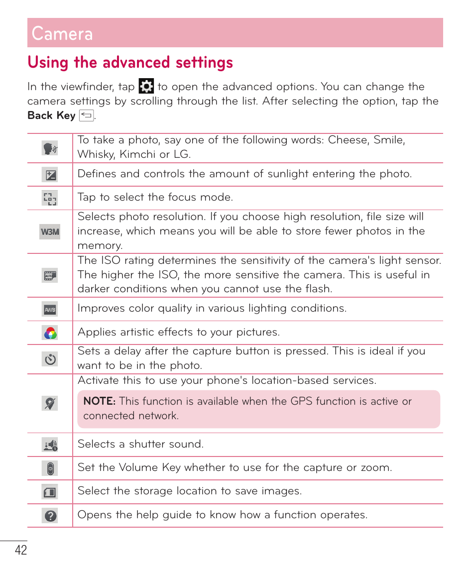 Camera, Using the advanced settings | LG LGAS323 User Manual | Page 43 / 110